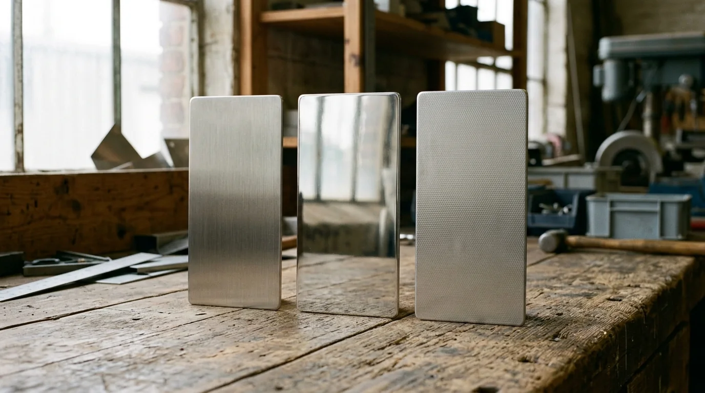 Tres muestras metálicas verticales sobre madera: una con líneas finas, otra reflectante y otra con textura menuda.