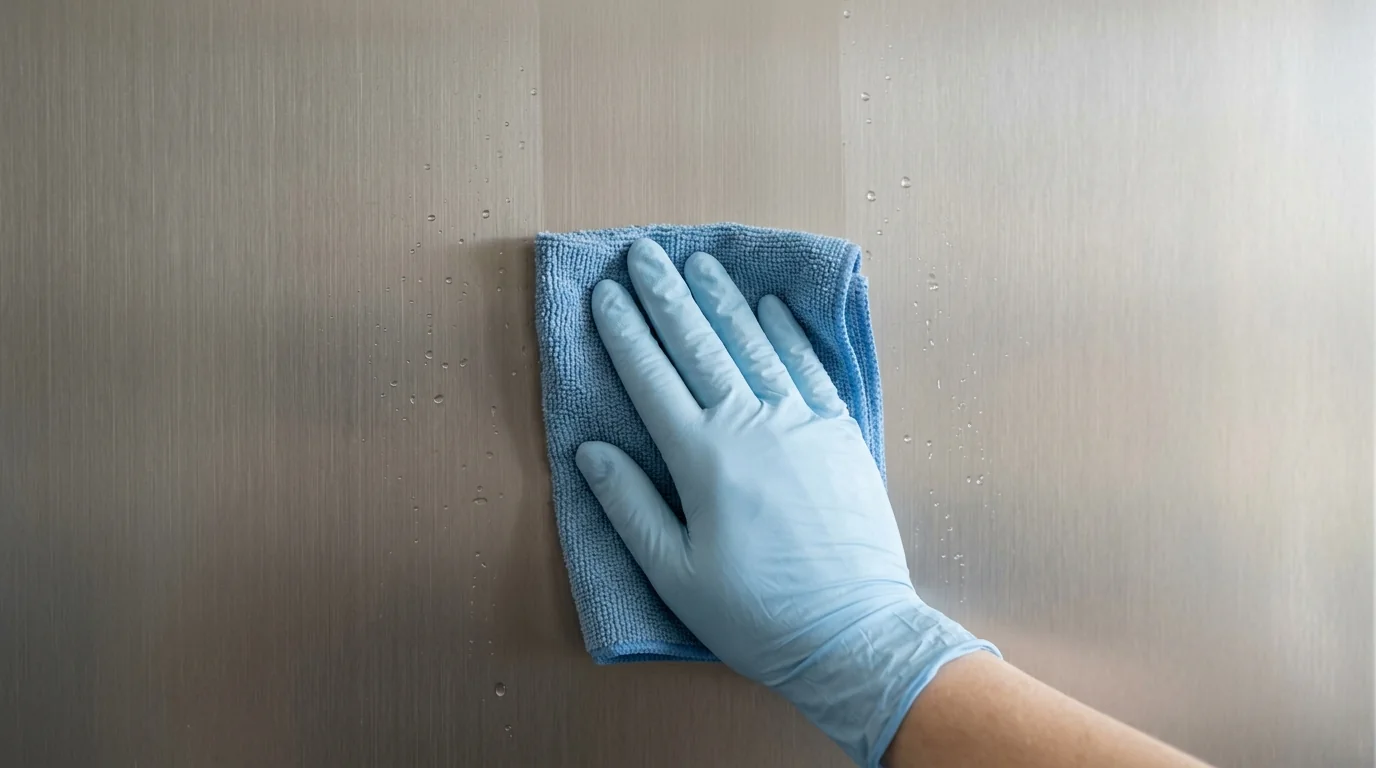 Una mano con guante sostiene un paño azul contra una pared de metal con líneas verticales y pequeñas gotas.