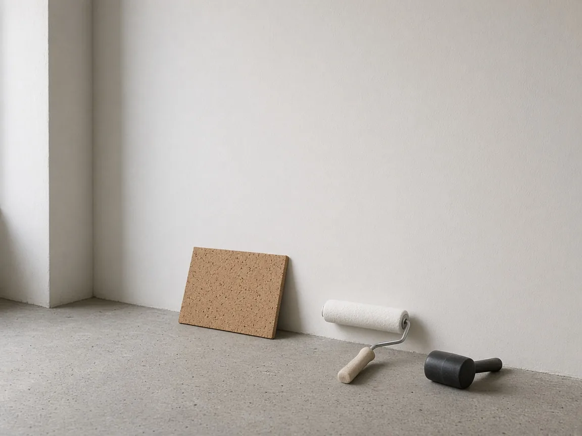Muro liso claro, una pieza de corcho apoyada en el piso, un rodillo y un mazo de goma.