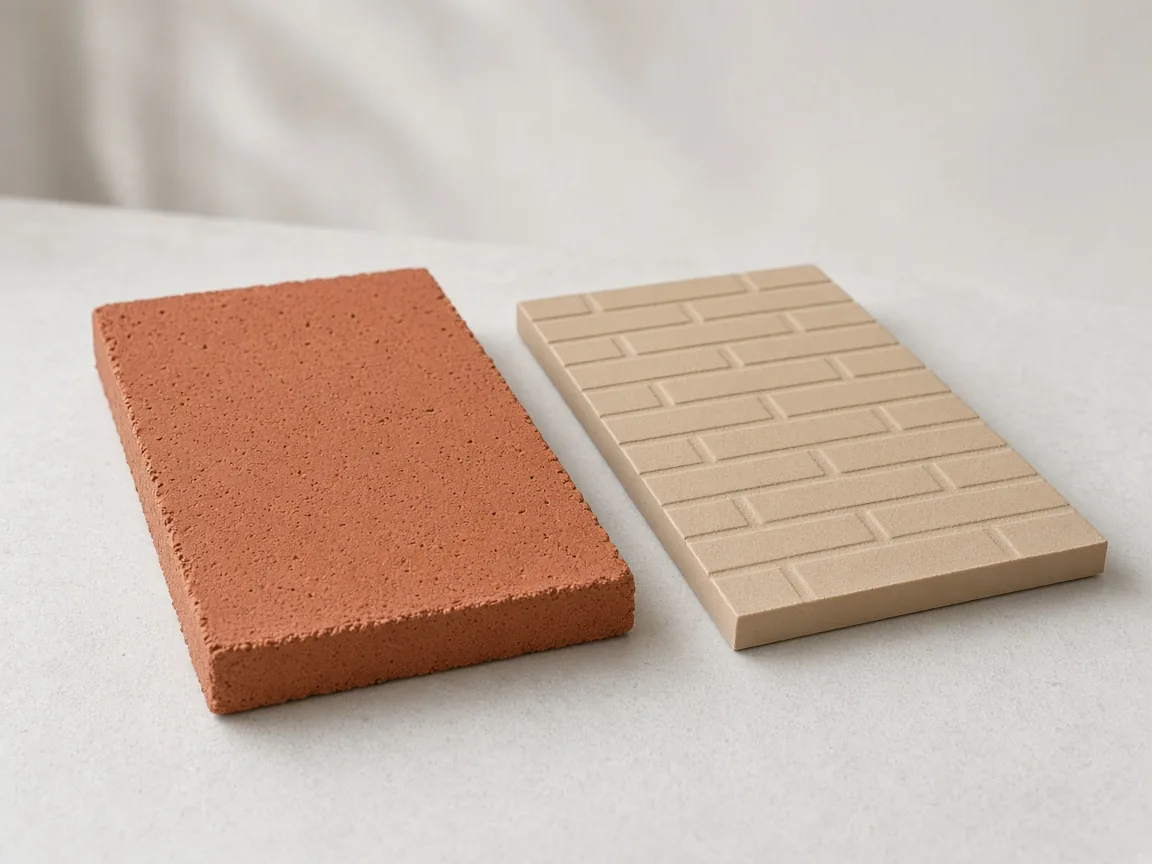 Dos muestras conceptuales sobre una mesa: una pieza delgada de cuerpo de arcilla y una lámina más fina con relieve de ladrillo moldeado.