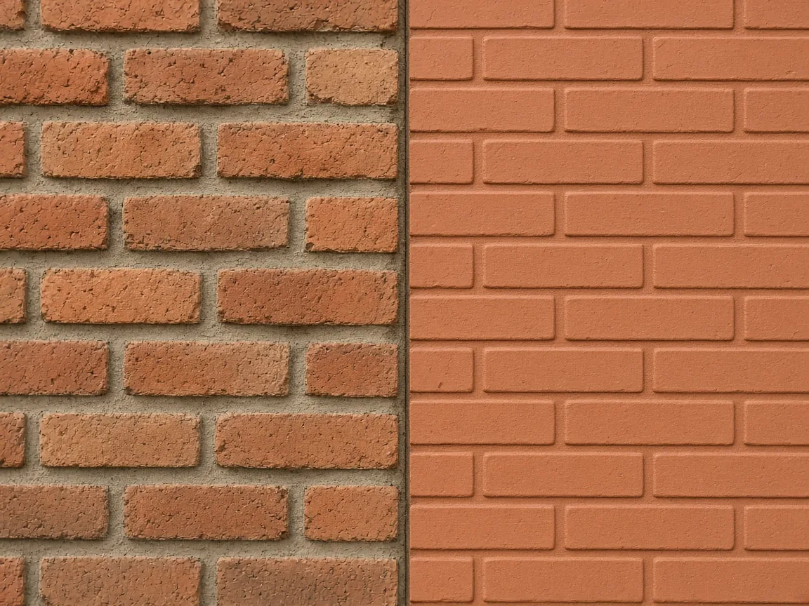 Dos acabados conceptuales lado a lado: piezas de arcilla separadas por mortero, y una cara continua con el dibujo de ladrillo moldeado.