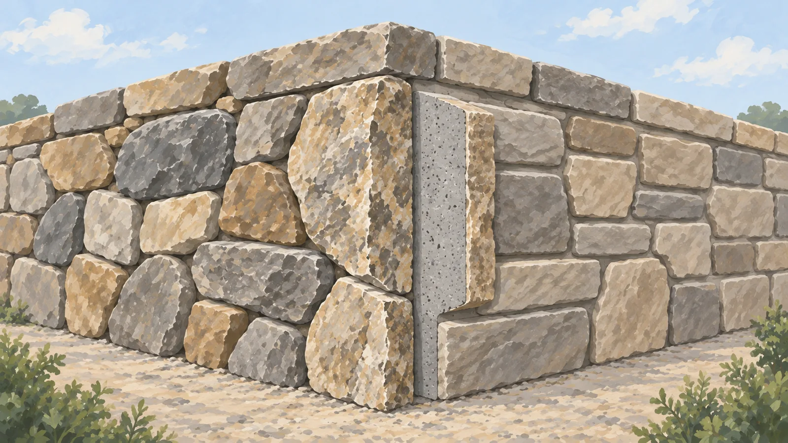 Ilustración conceptual de un muro exterior con dos revestimientos de aspecto pétreo; en la esquina, una pieza se ve de piedra maciza y la otra con cuerpo de concreto.