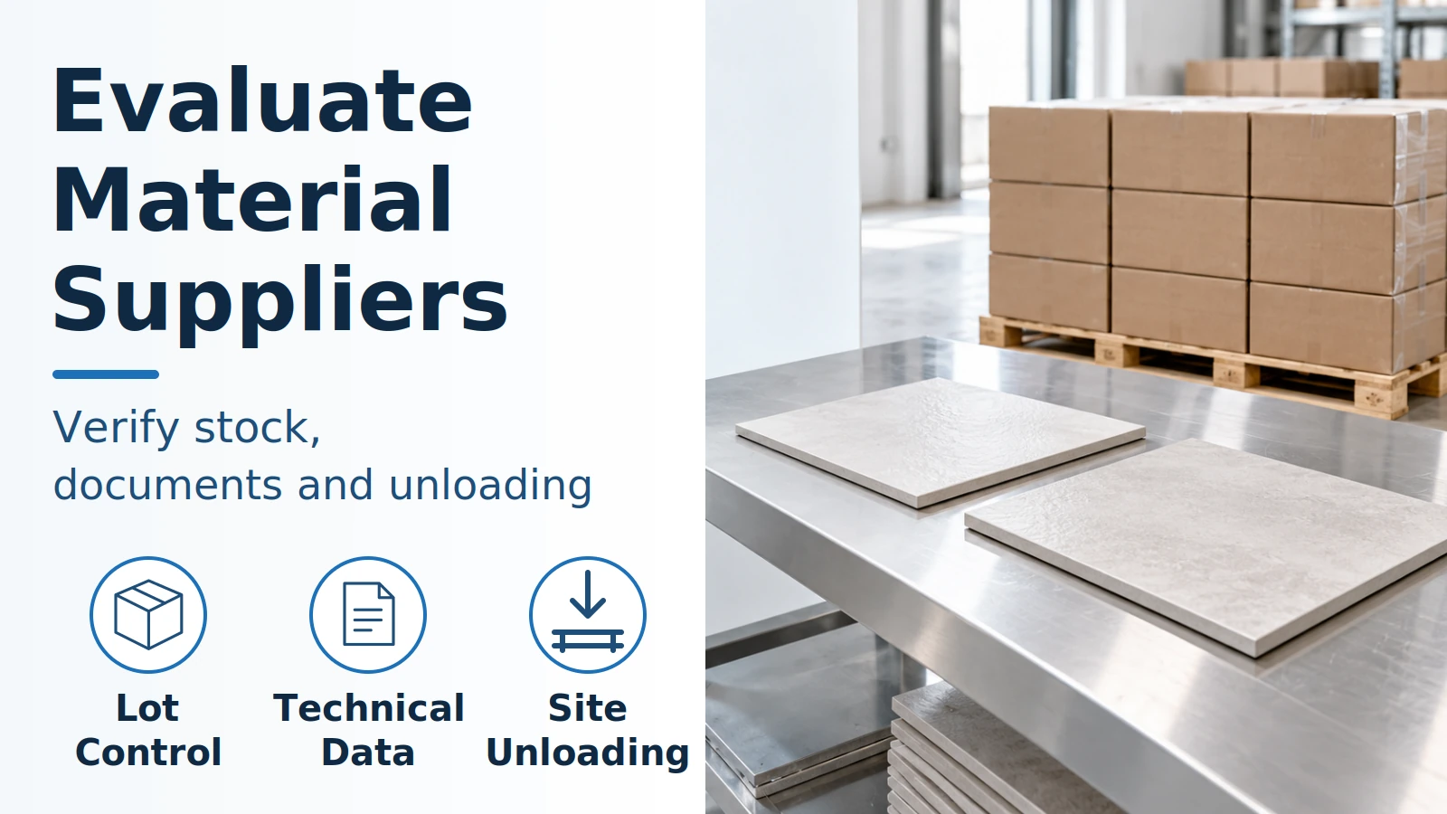 Tres controles para evaluar proveedores: lote, documentación y descarga, junto a muestras cerámicas y cajas sin marca.
