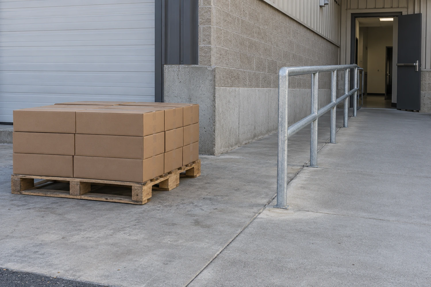 Un palé de cajas descansa en la zona de recepción; una barandilla separa el acceso peatonal a una puerta interior.