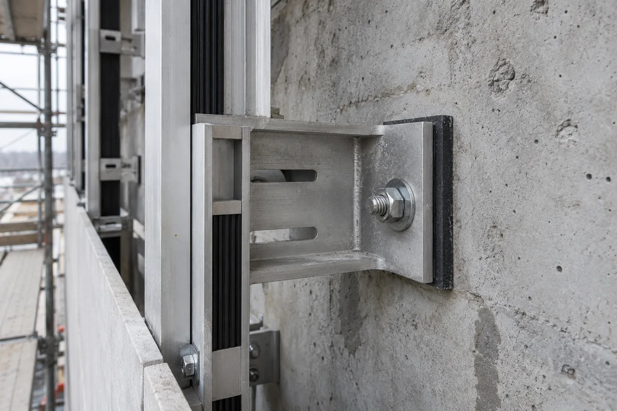 Detalle de ménsula de aluminio con orificios colisos, separador térmico y perfil vertical con banda de EPDM anclado a un muro de concreto