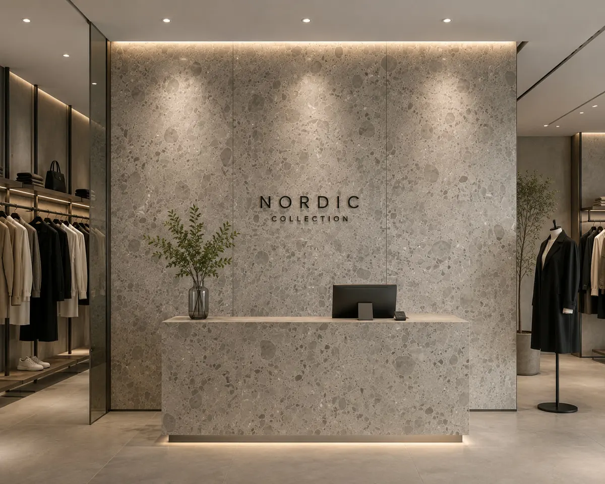 Recepción comercial con muro de lectura terrazzo y piso pulido