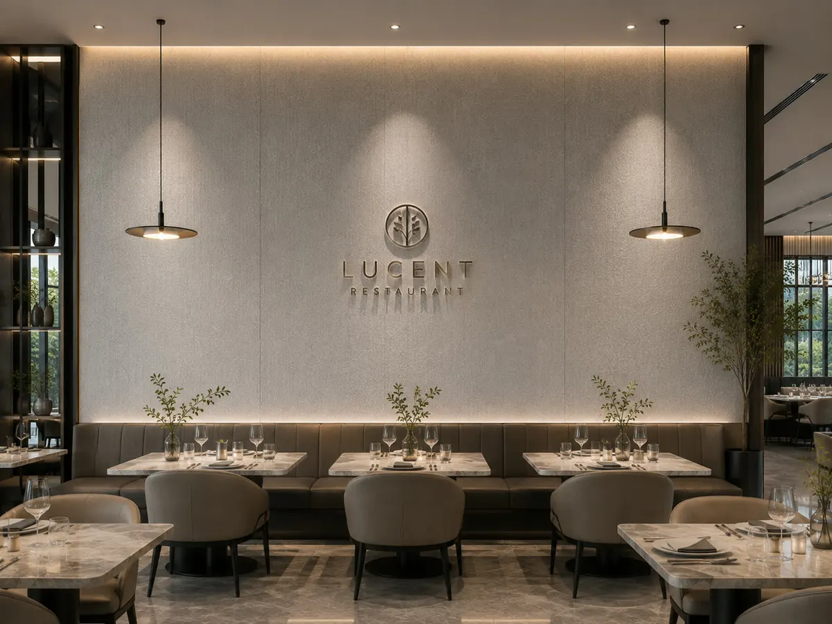 Restaurante con panel texturado en el muro de fondo