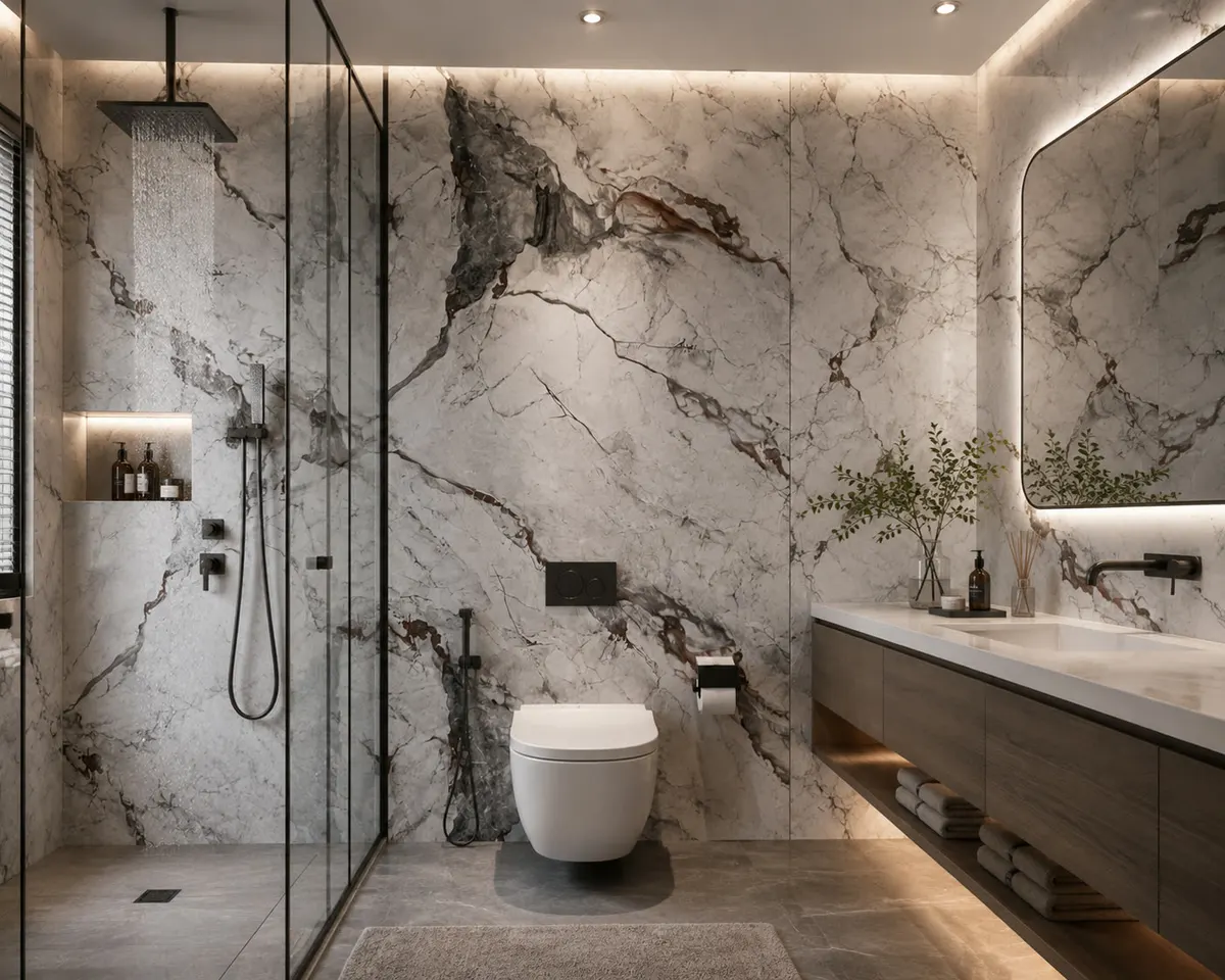 Baño con muro de lectura pétrea continua detrás del lavabo